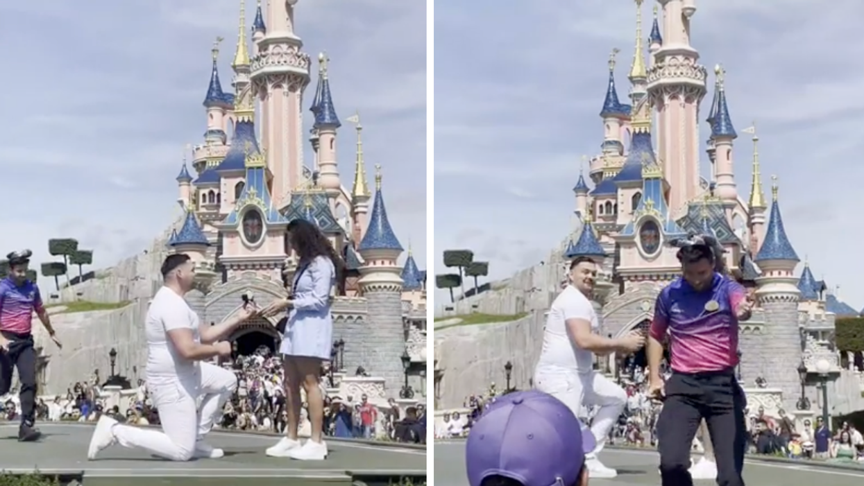 A couple getting engaged at Disneyland Paris with the castle in the background. Right: A Disney employee walking through the proposal.