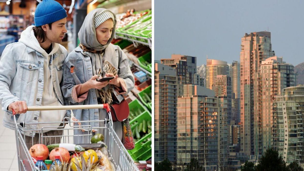 A couple grocery shopping. Right: Vancouver city skyline.