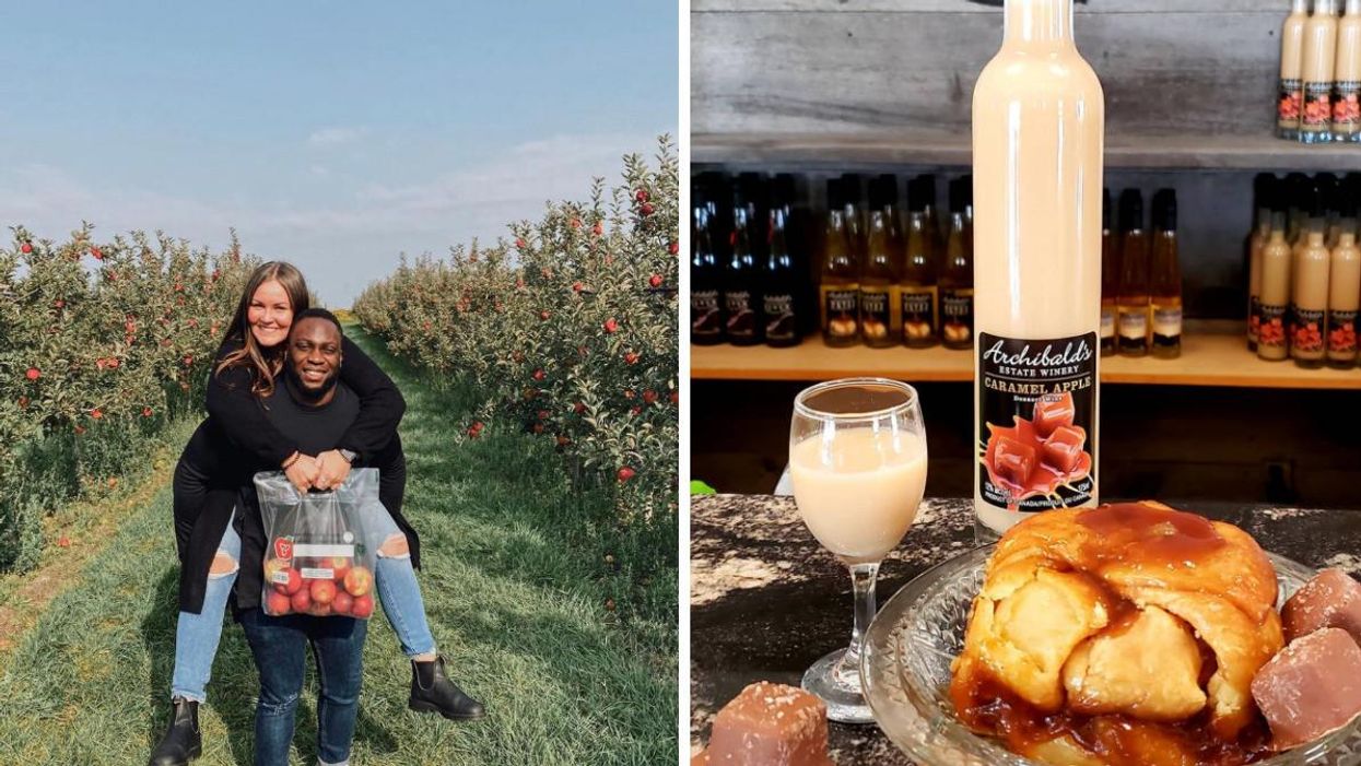 A couple holding a bag of apples in an orchard. Right: Apple dumpling with dessert wine.