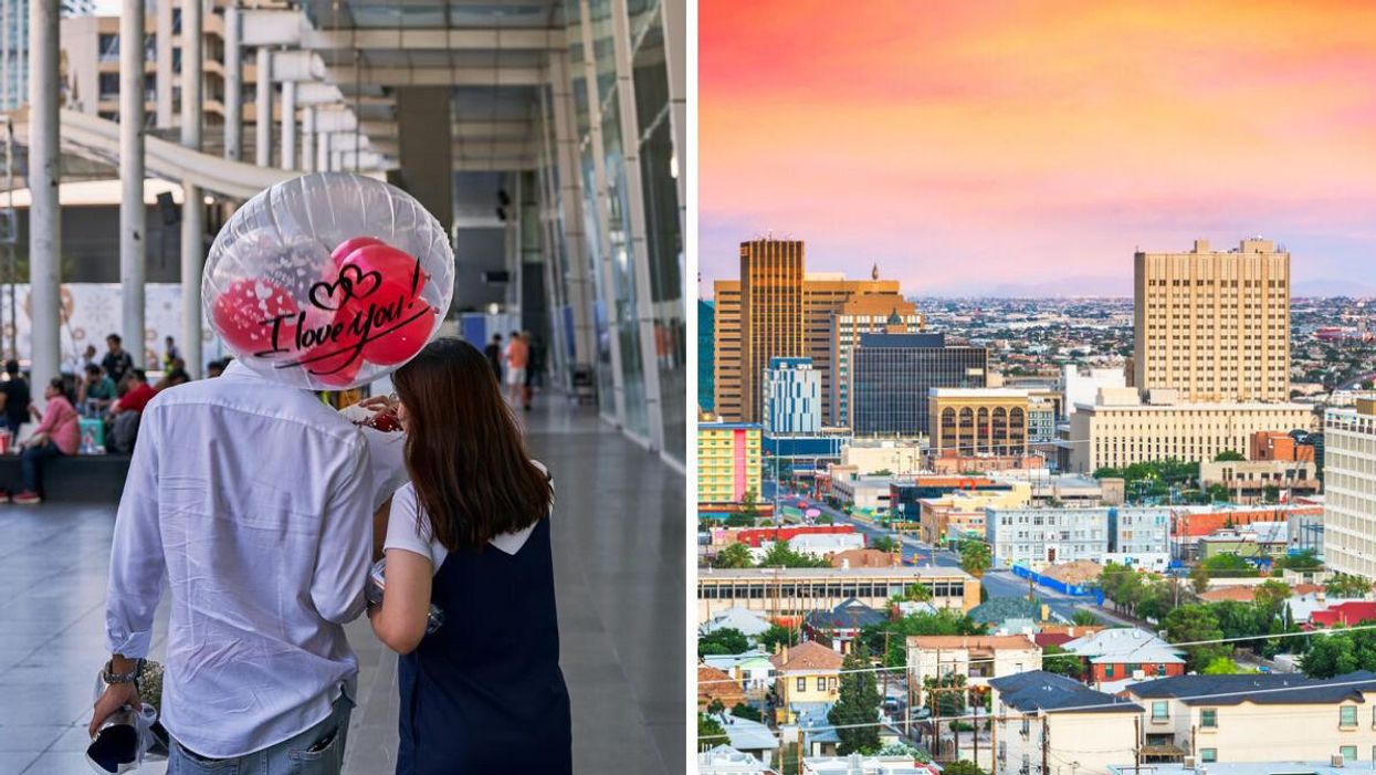 A couple holding a balloon with the words "I love you." Right: El Paso, TX.
