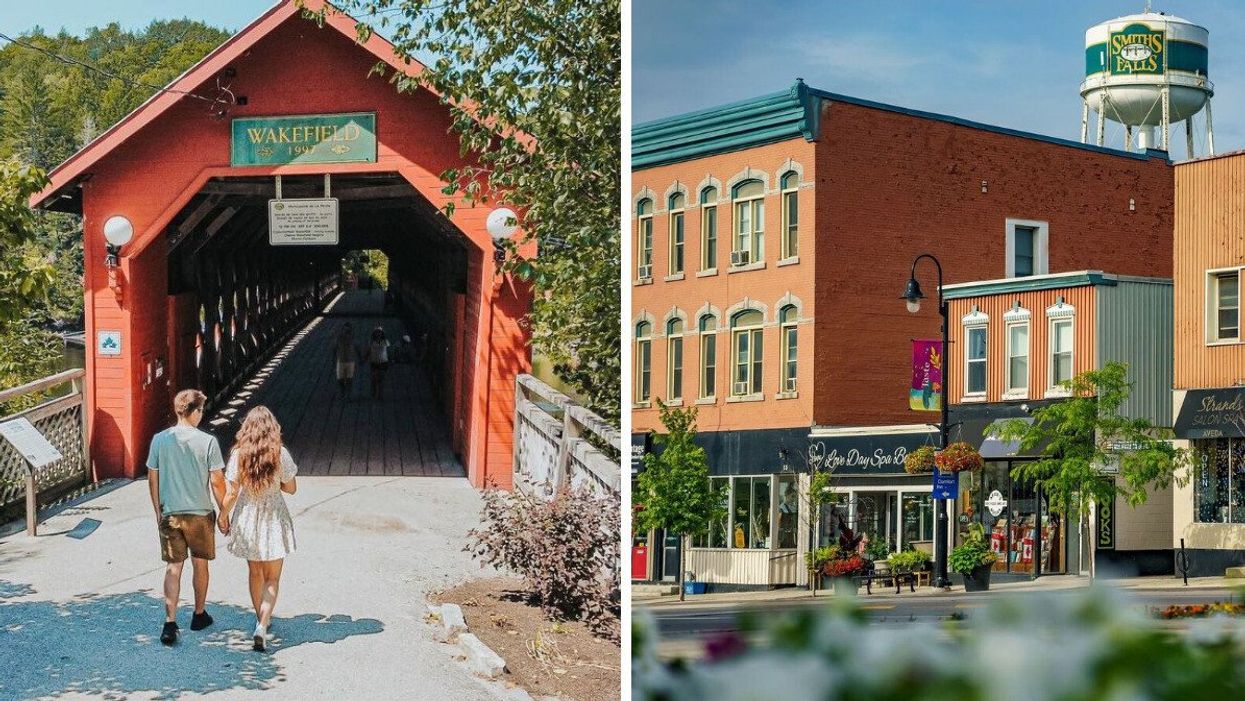 A couple holding hands and walking toward a red wooden covered bridge. Right: A quaint shop-lined street with a water tower behind.