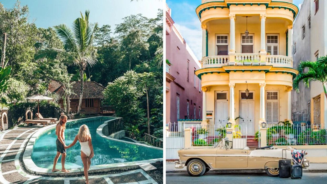 A couple holding hands by the pool. Right: A yellow house with a car parked in front.