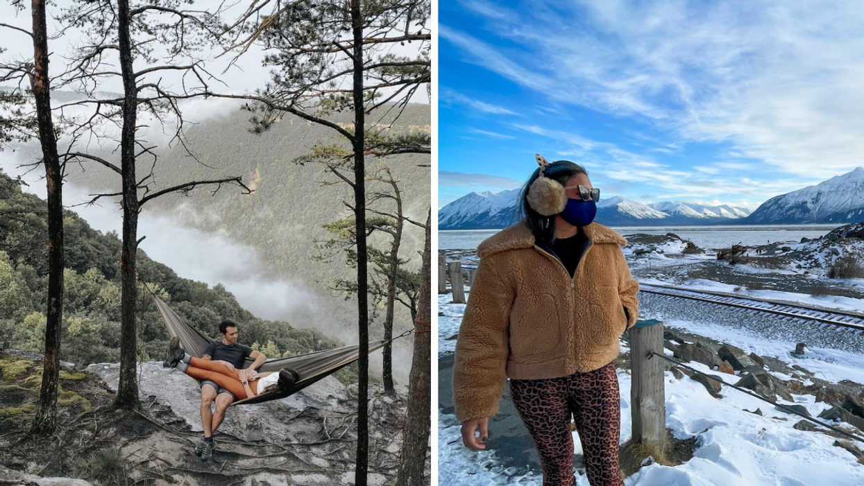 A couple in a hammock in West Virginia. Right: A person in Alaska.