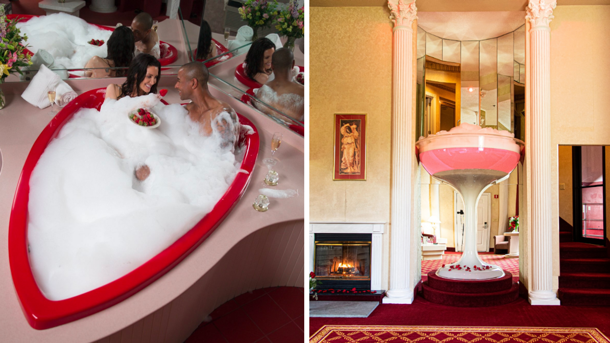 A couple in a heart-shaped bathtub at a Cover Pocono resort. Right: A giant champagne tub in the Champagne Tower room.