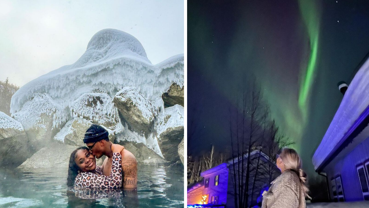 A couple in a hot spring. Right: A woman looking at the Northern Lights.