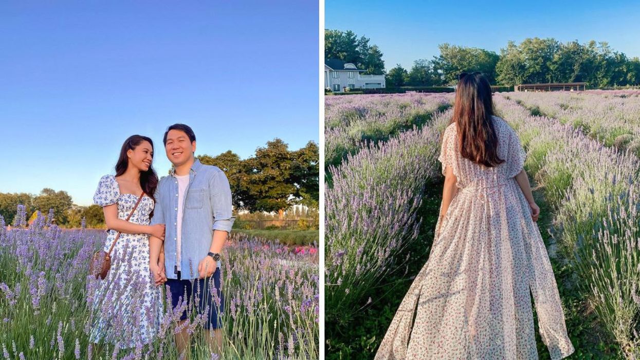 A couple in a lavender field. Right: A girl walking through a lavender field.
