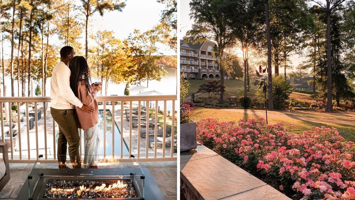 A couple in a warm embrace on a balcony. Right: Flower garden at The Ritz-Carlton, Lake Oconee.