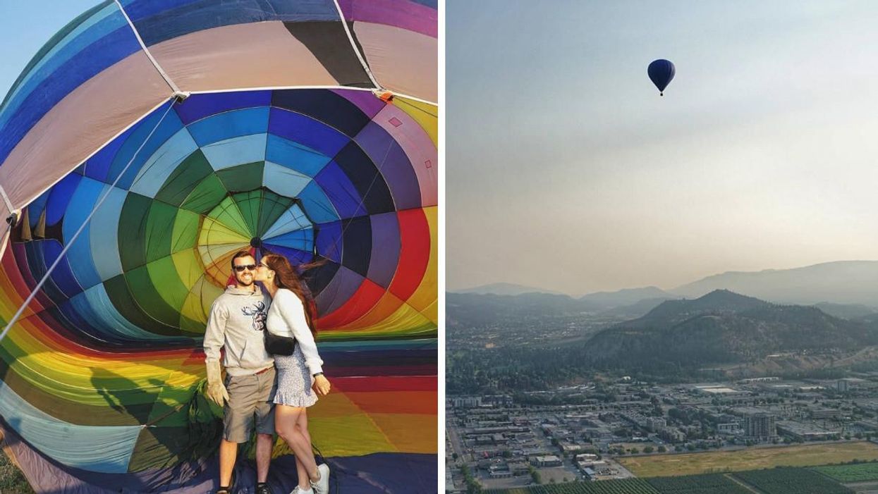 A couple in front of a hot air balloon. Right: Views of a hot air balloon from above.