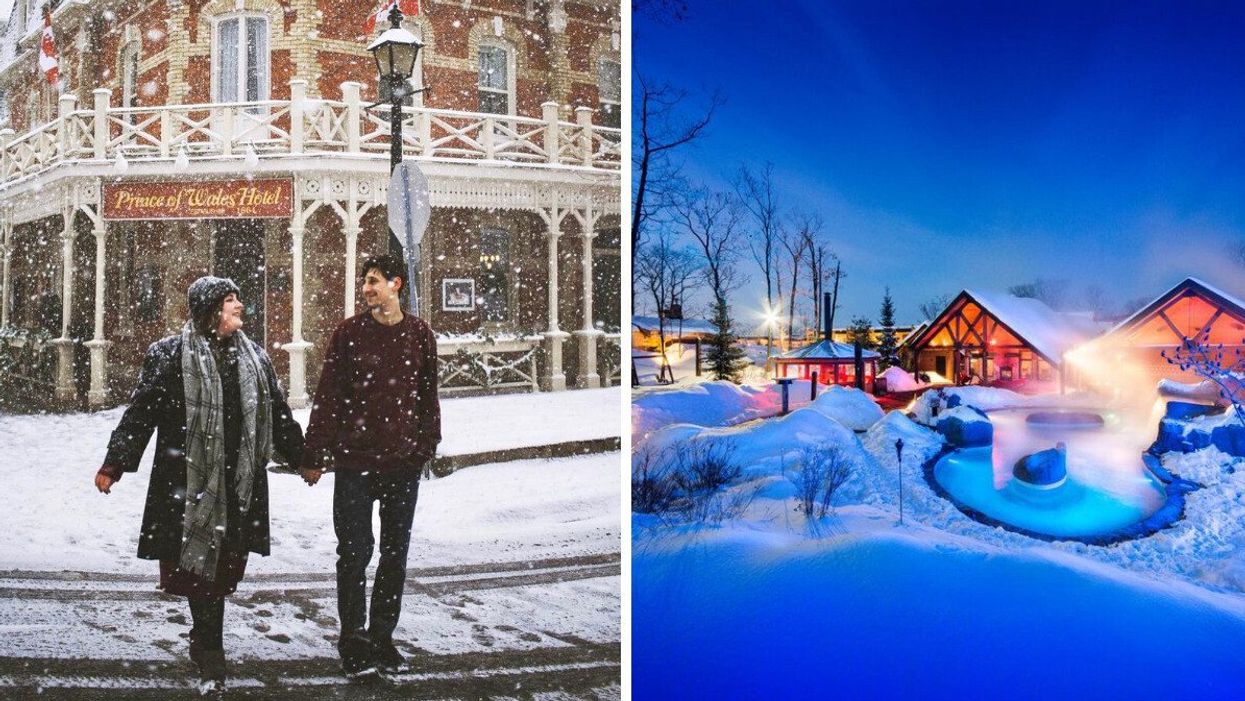 A couple in Niagara-on-the-Lake. Right: Nordik Spa-Nature.