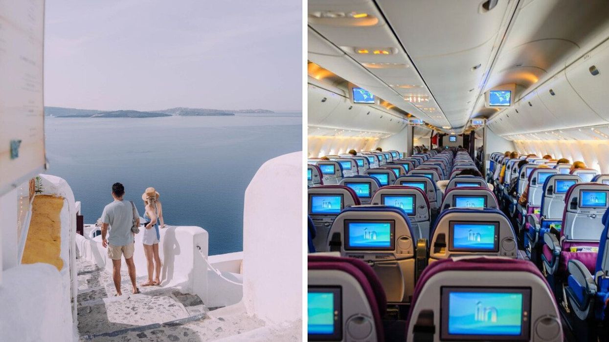 A couple in Santorini, Greece. Right: Seats on an airplane.