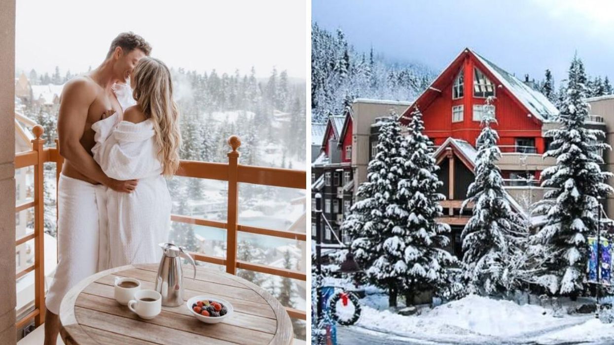 A couple in Whistler. Right: Snow-covered buildings and trees.