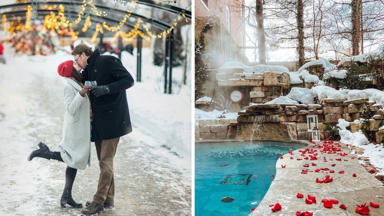 A couple kiss in a wintery landscape. Right: A wintery spa is seen with rose petals surrounding it.