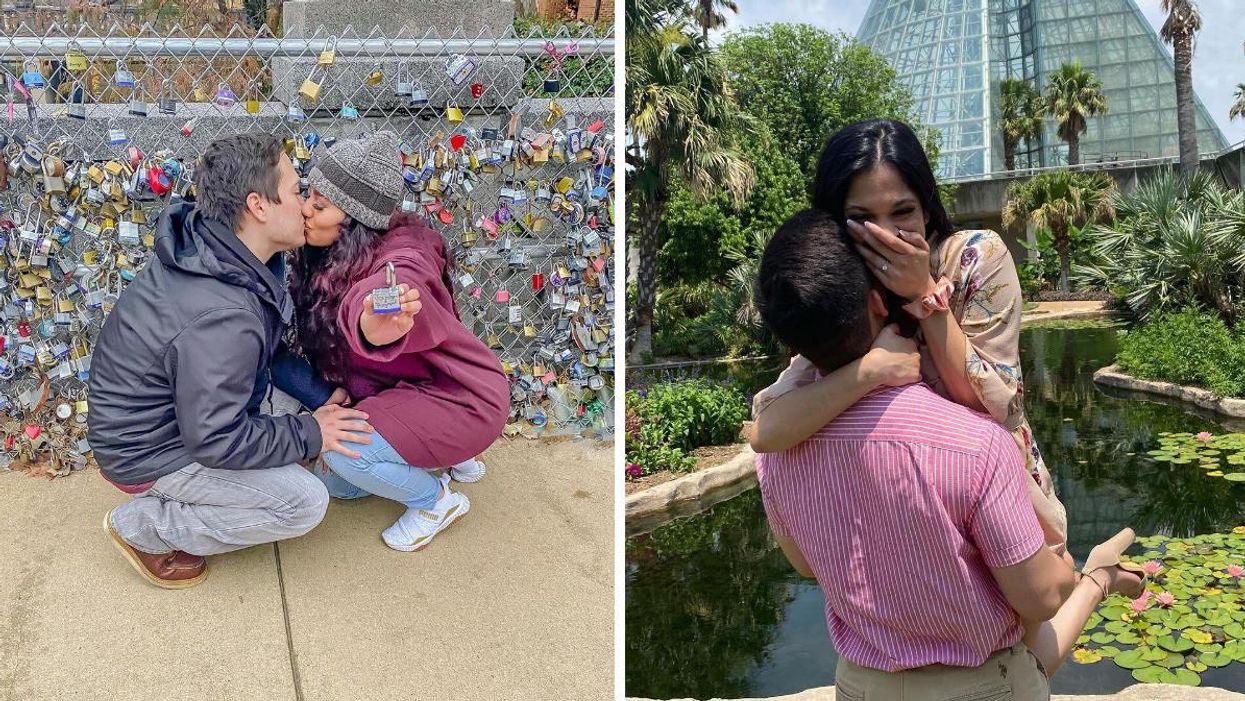 A couple kisses at the Kallison Love Lock Walk Bridge. Right: A couple gets engaged at San Antonio Botanical Garden.