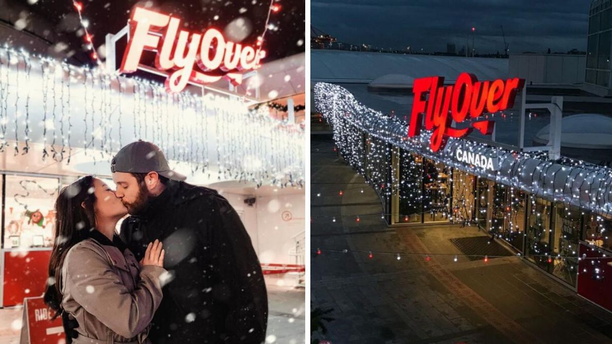 A couple kissing at FlyOver Canada. Right: FlyOver Canada entrance.