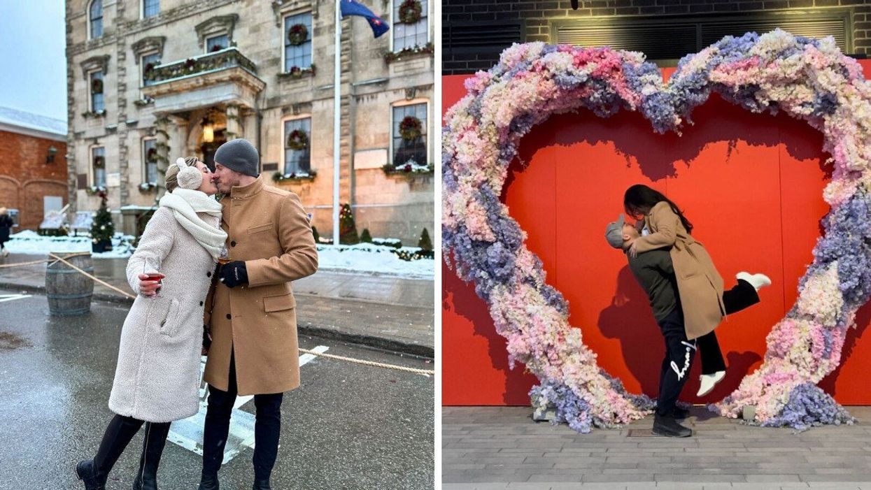 A couple kissing. Right: A couple by a flower heart.