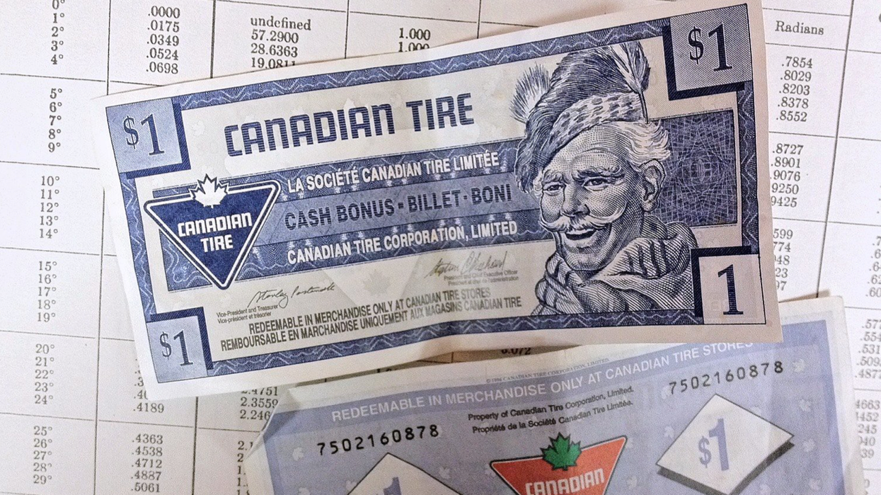 A couple of $1 Canadian Tire bills lay flat on a surface.