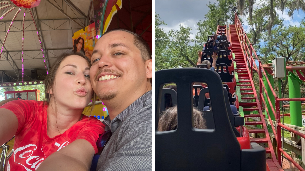 A couple on an amusement park ride. Right: The rollercoaster at the amusement park in New Orleans.