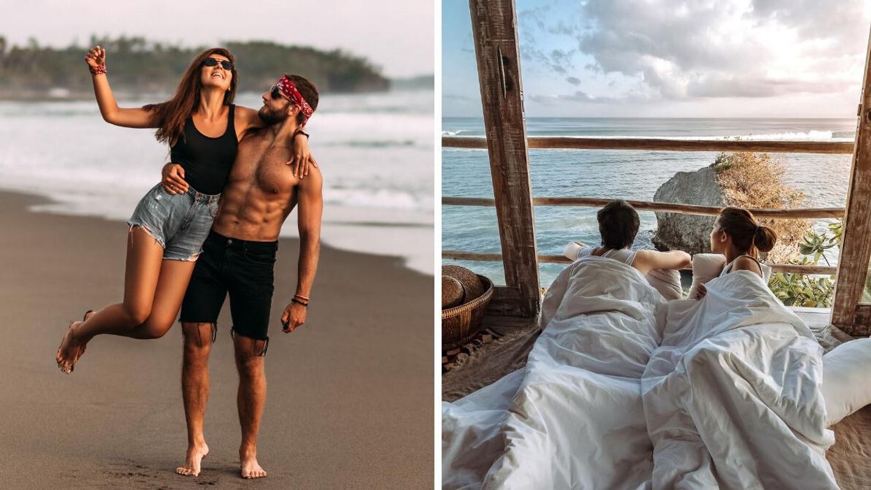 A couple on the beach in Bali, Indonesia. Right: A couple in bed in Bali.