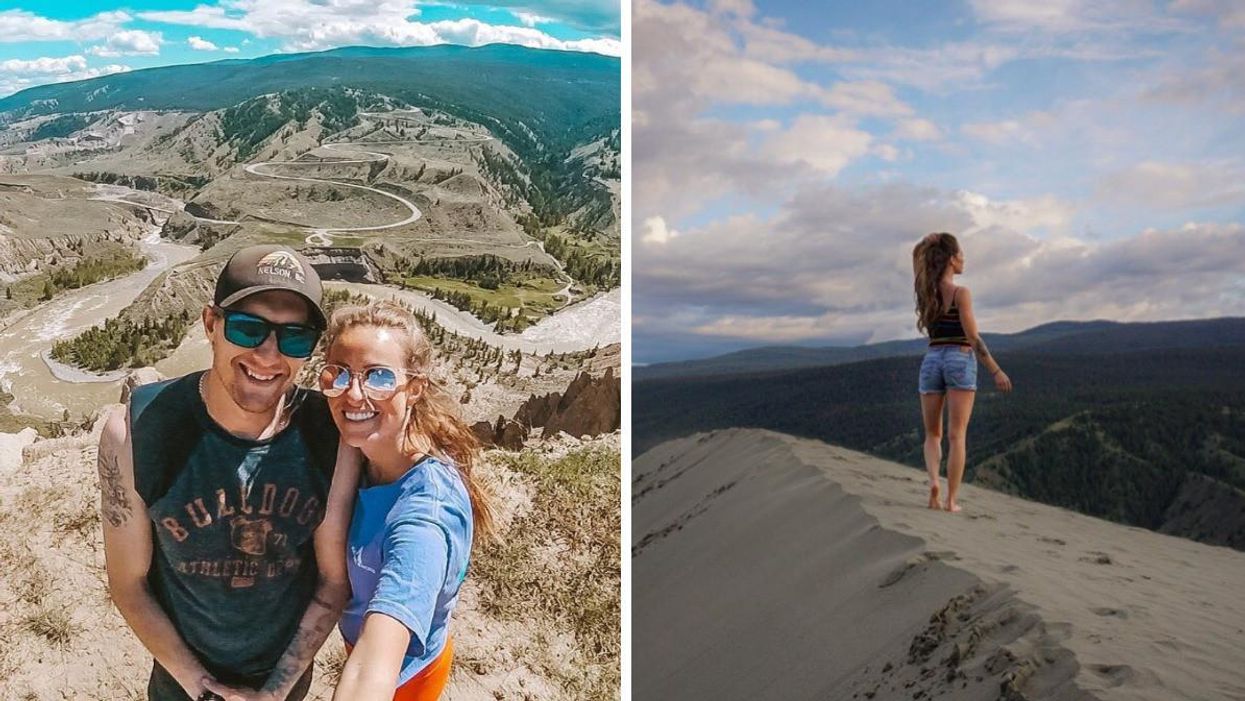 A couple on the dunes taking a selfie. Right: A girl standing on a sand dune.