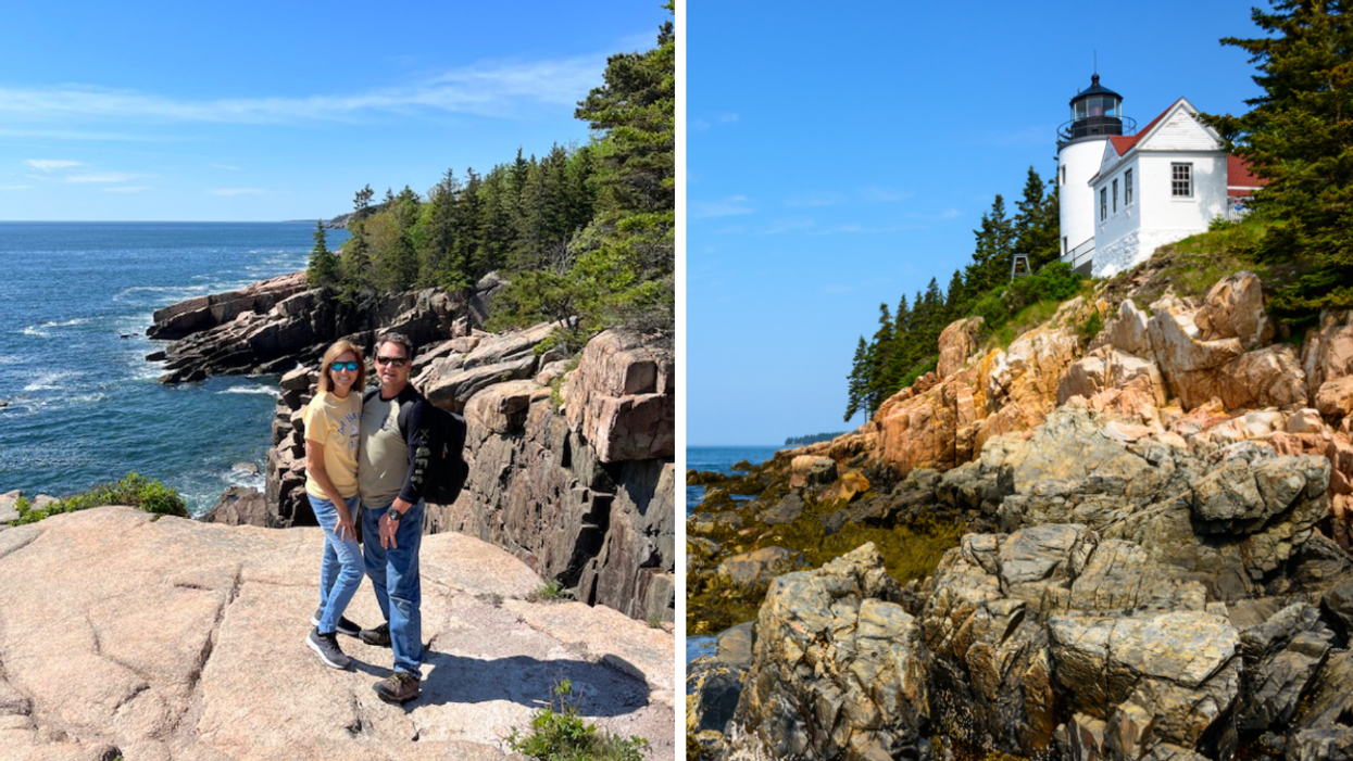 A couple on the rocks overlooking the Maine Coastline. Right: A Lighthouse.