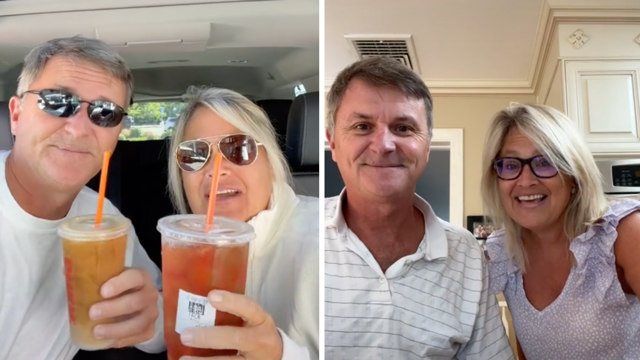 A couple on TikTok with Dunkin Donuts drinks. Right: A couple on TikTok.