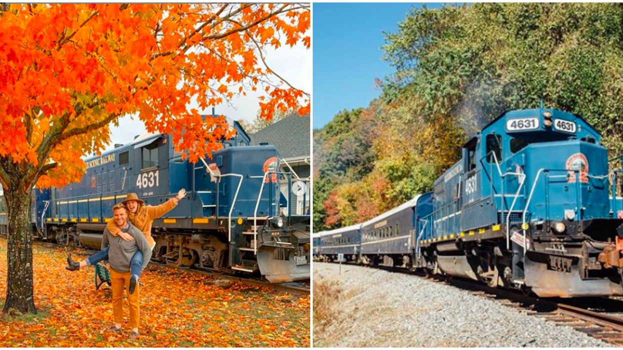 A couple outside of the Blue Ridge Scenic Railway. Right: The Blue Ridge Scenic Railway in the mountains.