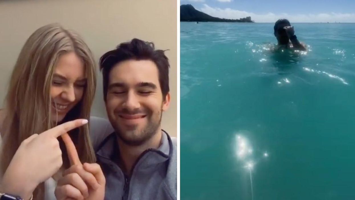 A couple pointing at each other. Right: Someone swimming in blue water.