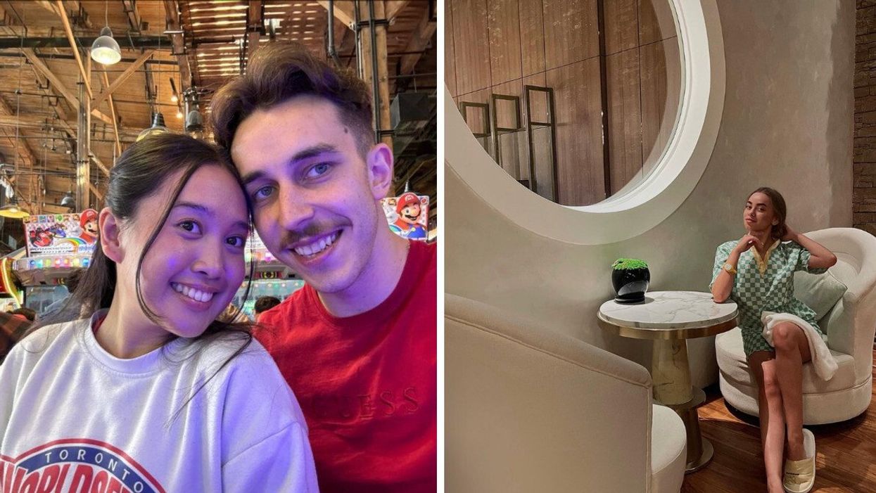 A couple poses with arcade games in the background. Right: A person smiles and poses in a lounge area at a Toronto spa.