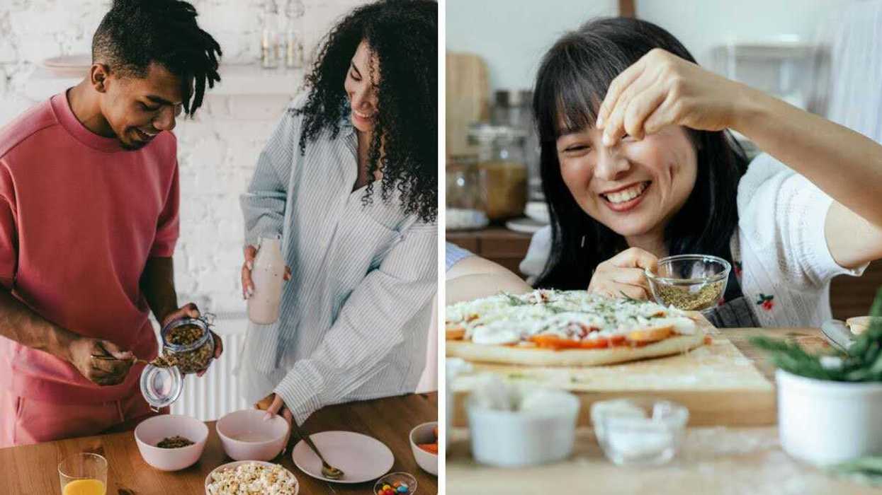 A couple preparing bowls of cereal. Right: A woman sprinkles herbs on a pizza.