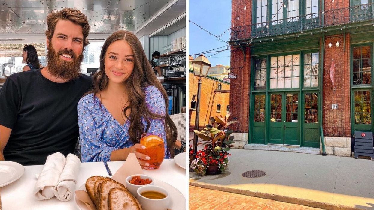 A couple sitting at a restaurant. Right: A historic building with a green door.