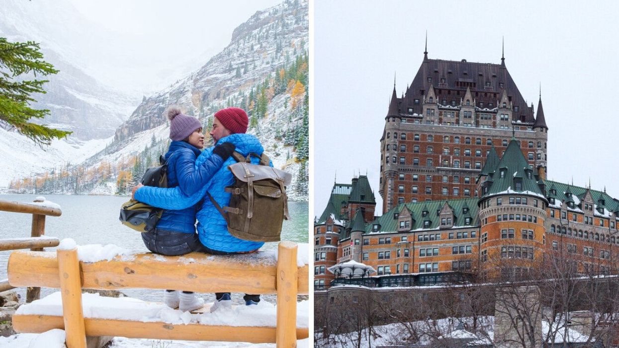 A couple sitting on a bench at a lake in Banff National Park. Right: Frontenac Castle in Quebec.