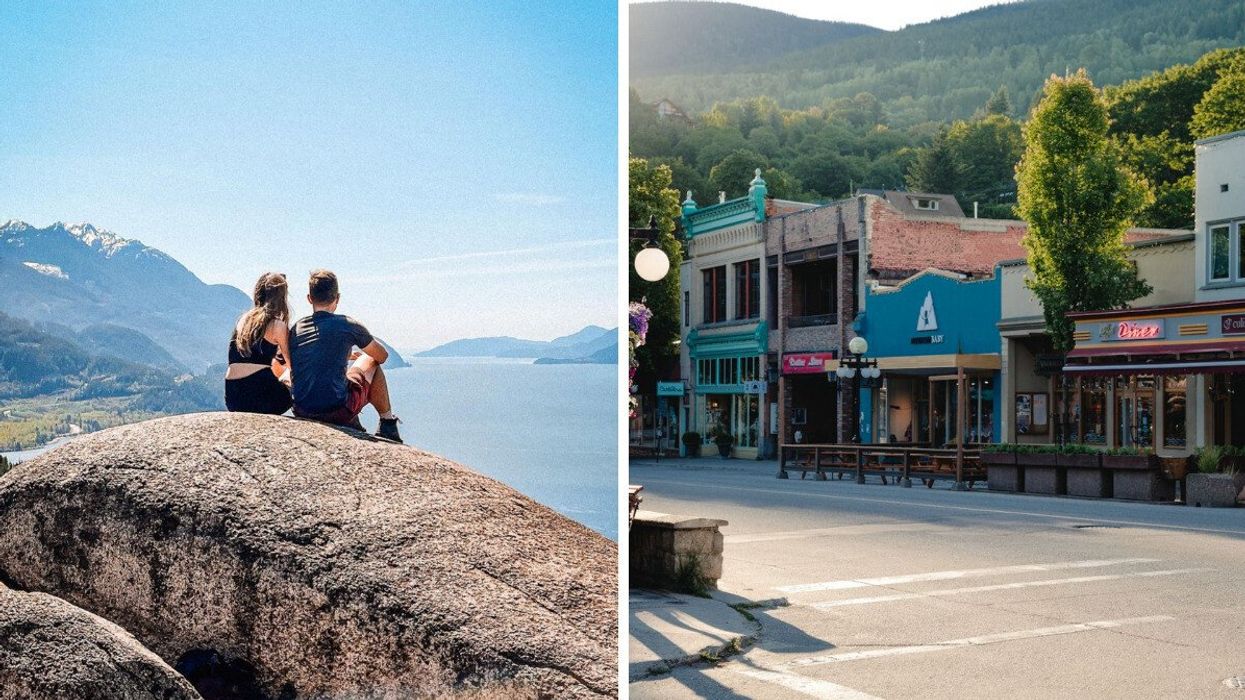 A couple sitting on a rock on a mountain in Squamish looking at the water. Right: Building on a street with trees in the background.