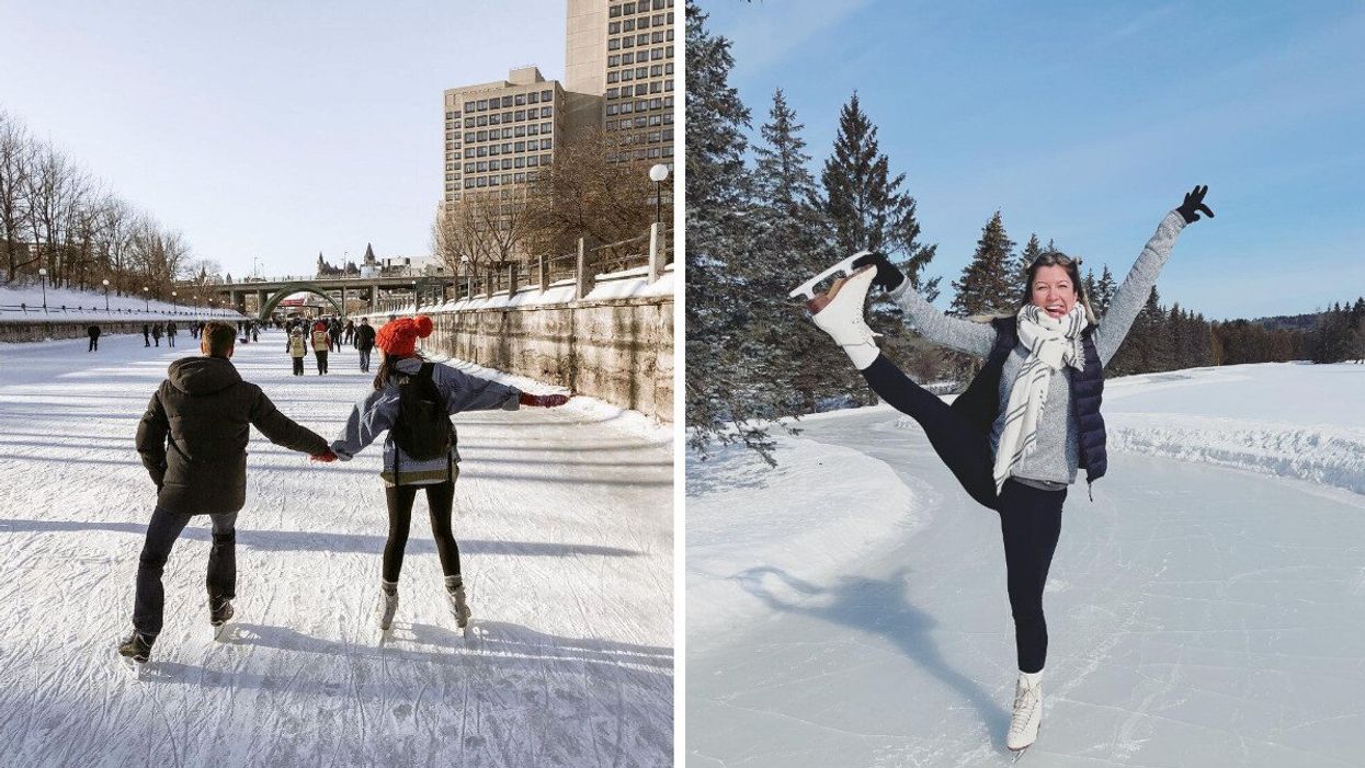 A couple skates on the Rideau Canal. Right: A person poses on an ice trail. 