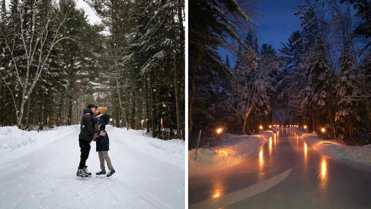 A couple skating though a forest. Right: Torch-lit skating trail.
