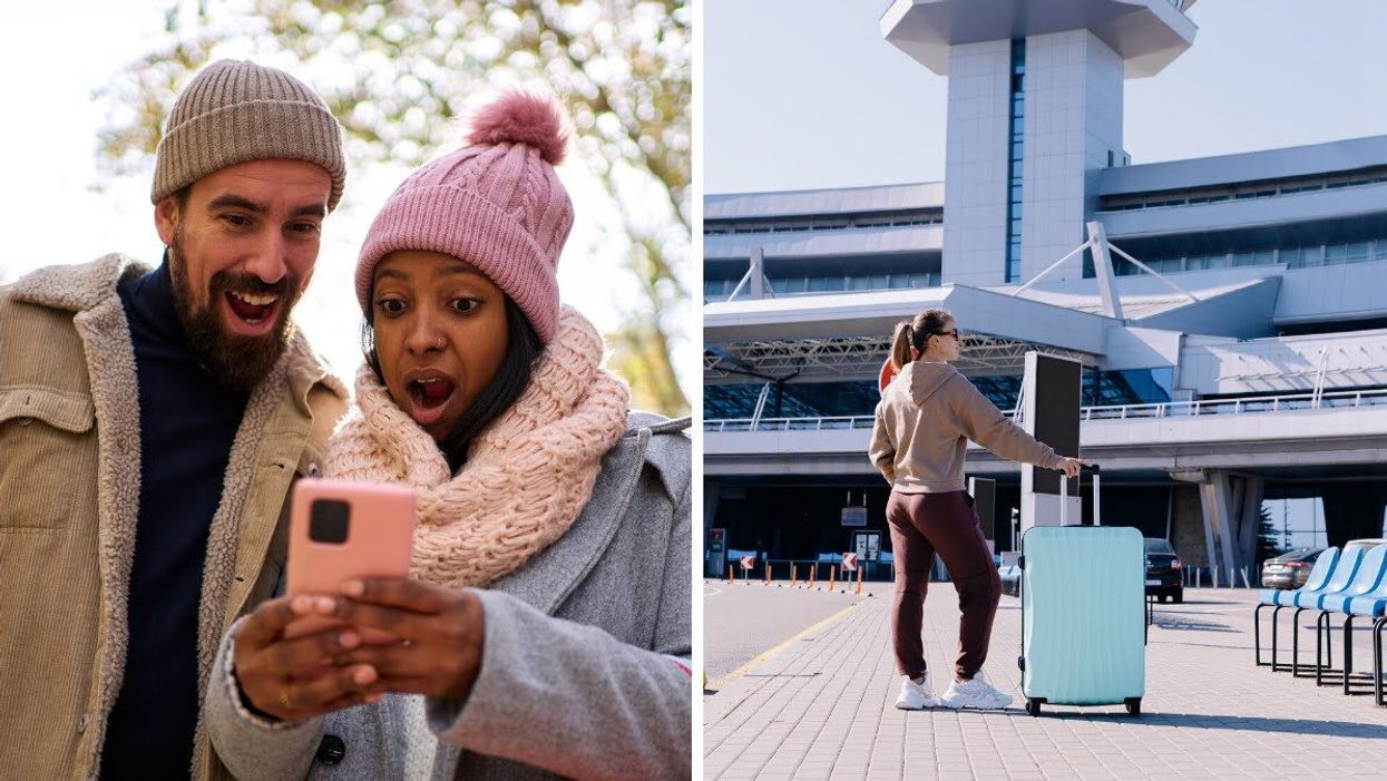 A couple smile in surprise at a mobile phone. Right: A person stands outside an airport holding a blue suitcase.