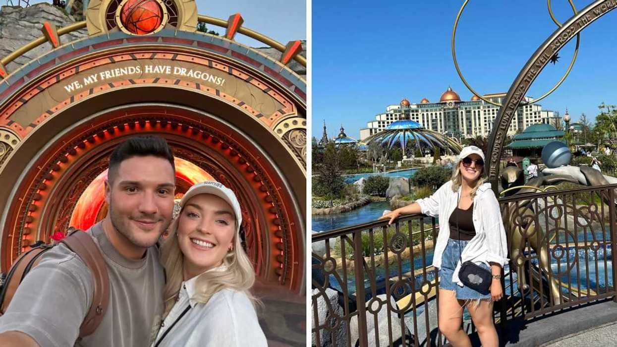 A couple smiling in a selfie in front of the circular portal entrance to How to Train Your Dragon: Isle of Berk at Epic Universe, with the inscription "We, my friends, have dragons!" arched above them. Right: A woman smiling and leaning against a railing in Celestial Park at Epic Universe.