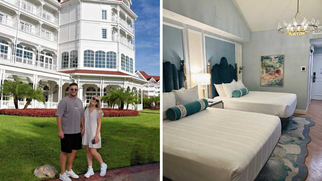 A couple smiling in front of Disney's Grand Floridian Resort with the white Victorian exterior and red roof behind them. Right: A Mary Poppins-themed hotel room with two beds, teal velvet headboards, white linens and a gold chandelier.