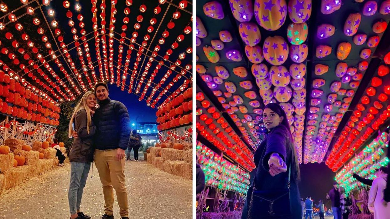 A couple stand under a tunnel at Pumpkins After Dark Calgary. Right: A person at Pumpkins After Dark Milton.