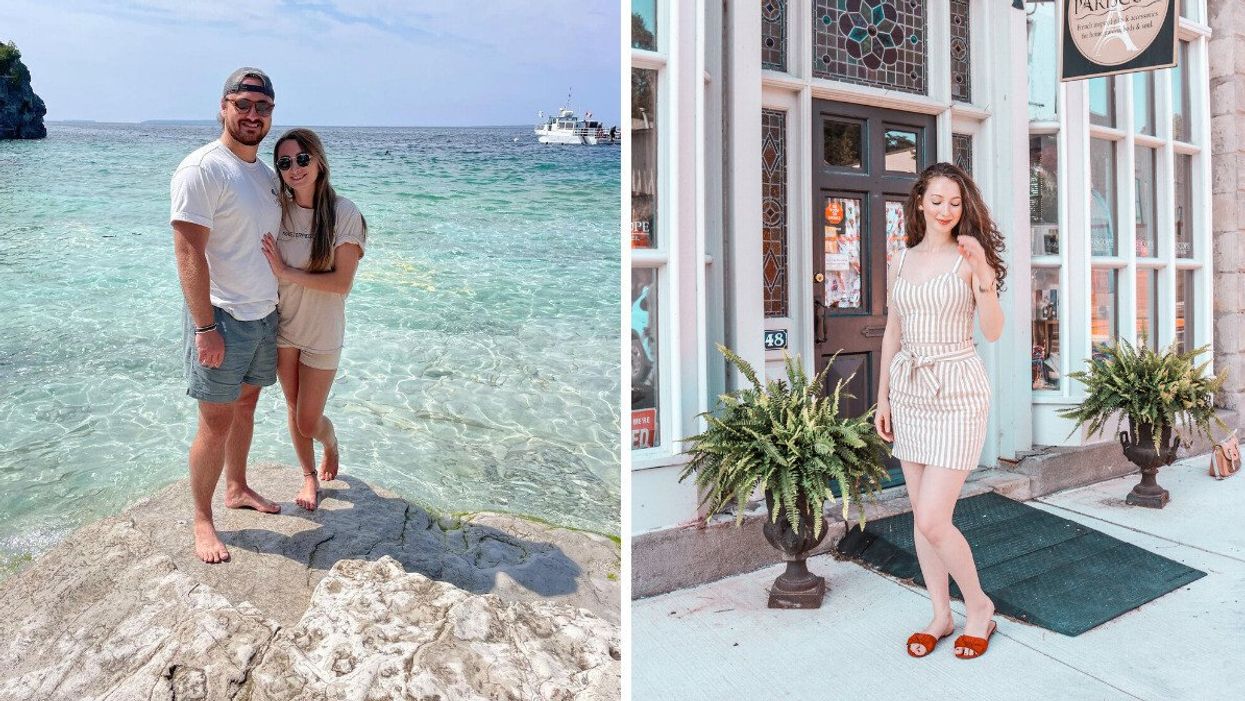 A couple standing by blue water. Right: A person standing outside a building.