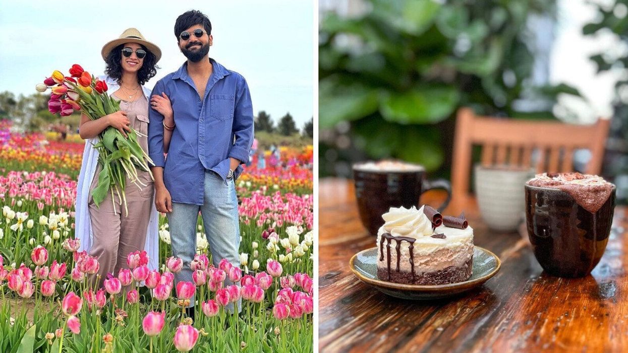 A couple standing in a tulip field. Right: A chocolate dessert and drink.