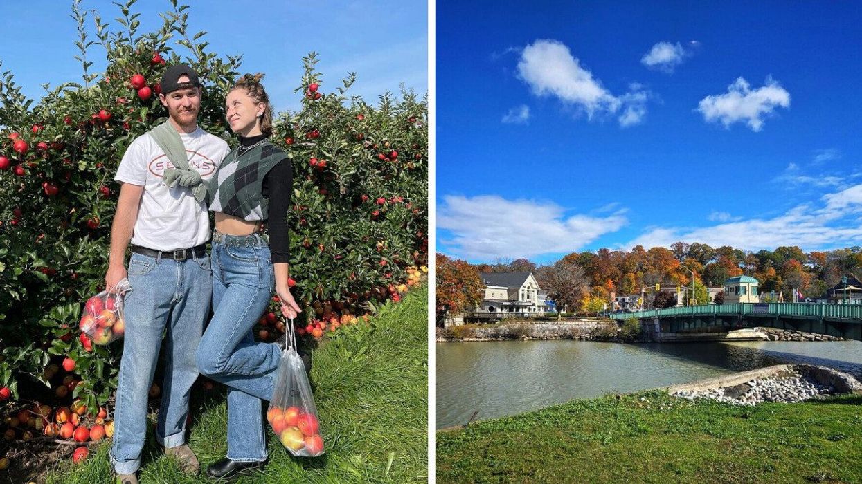 A couple standing in an apple orchard. Right: A lakeside village during the fall.