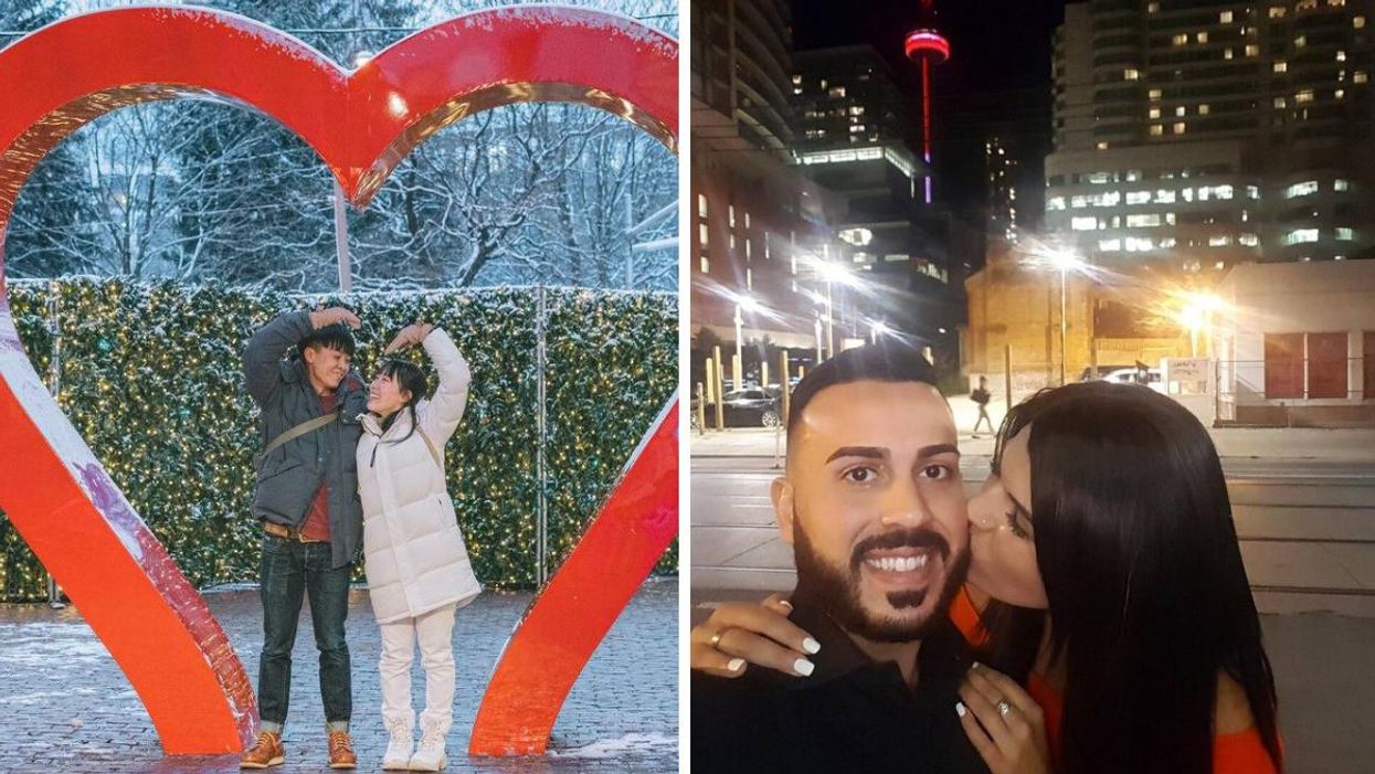 A couple under a heart structure in Toronto. Right: A couple taking a selfie in the city.