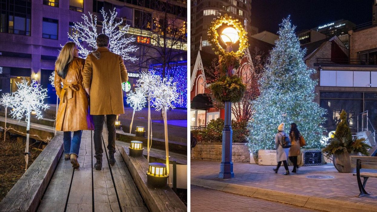 A couple walking past Christmas decor. Right: Holiday decor along a street.