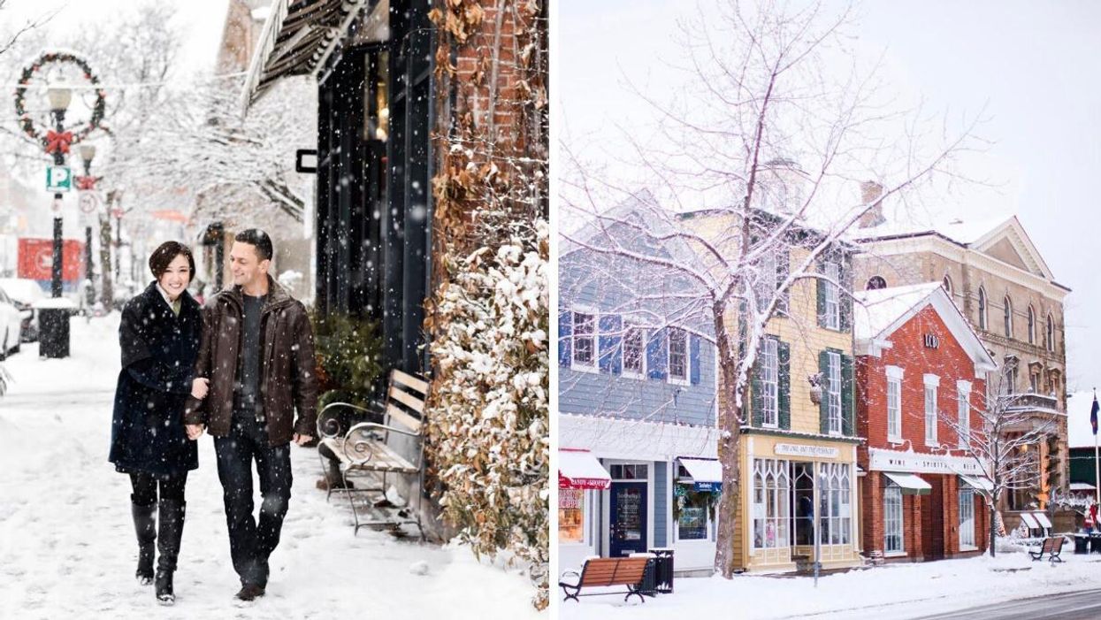A couple walking through the snow. Right: Niagara-on-the-Lake, Ontario.