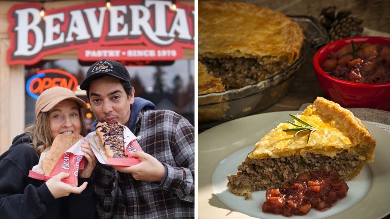A couple wearing caps eating two BeaverTails outside a store. Right: A slice of tourtière with a side of cranberry sauce on a plate.