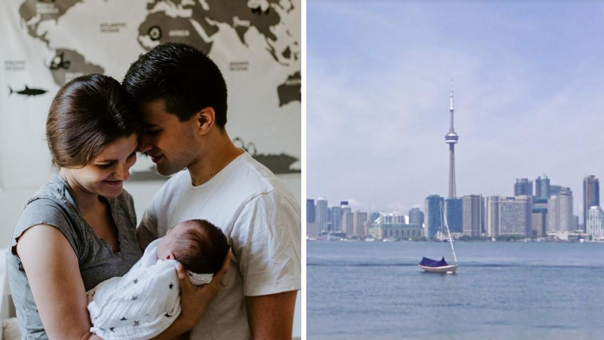 A couple with a baby. Right: Toronto skyline.