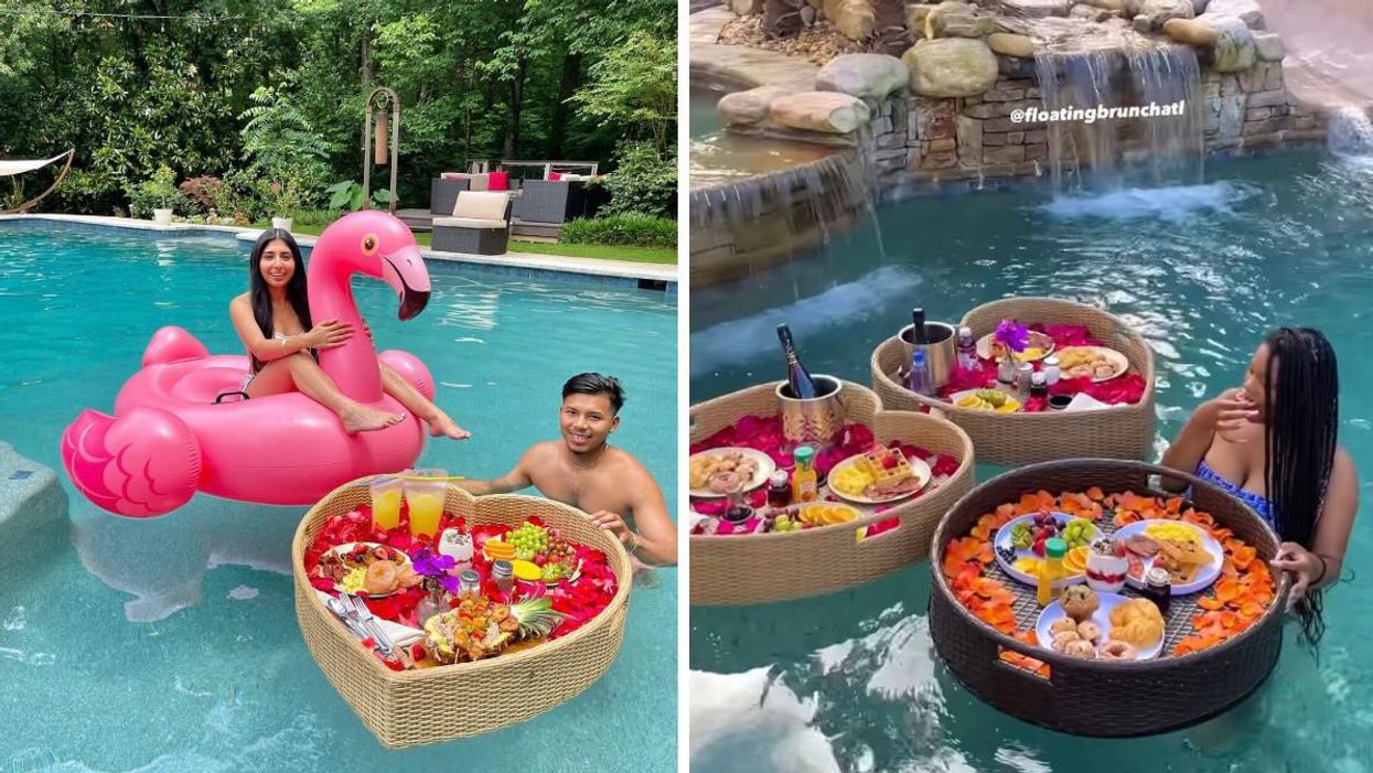 A couple with a flamingo floatie and floating brunch in a pool. Right: A woman enjoying the floating brunch in front of a pool with a waterfall.