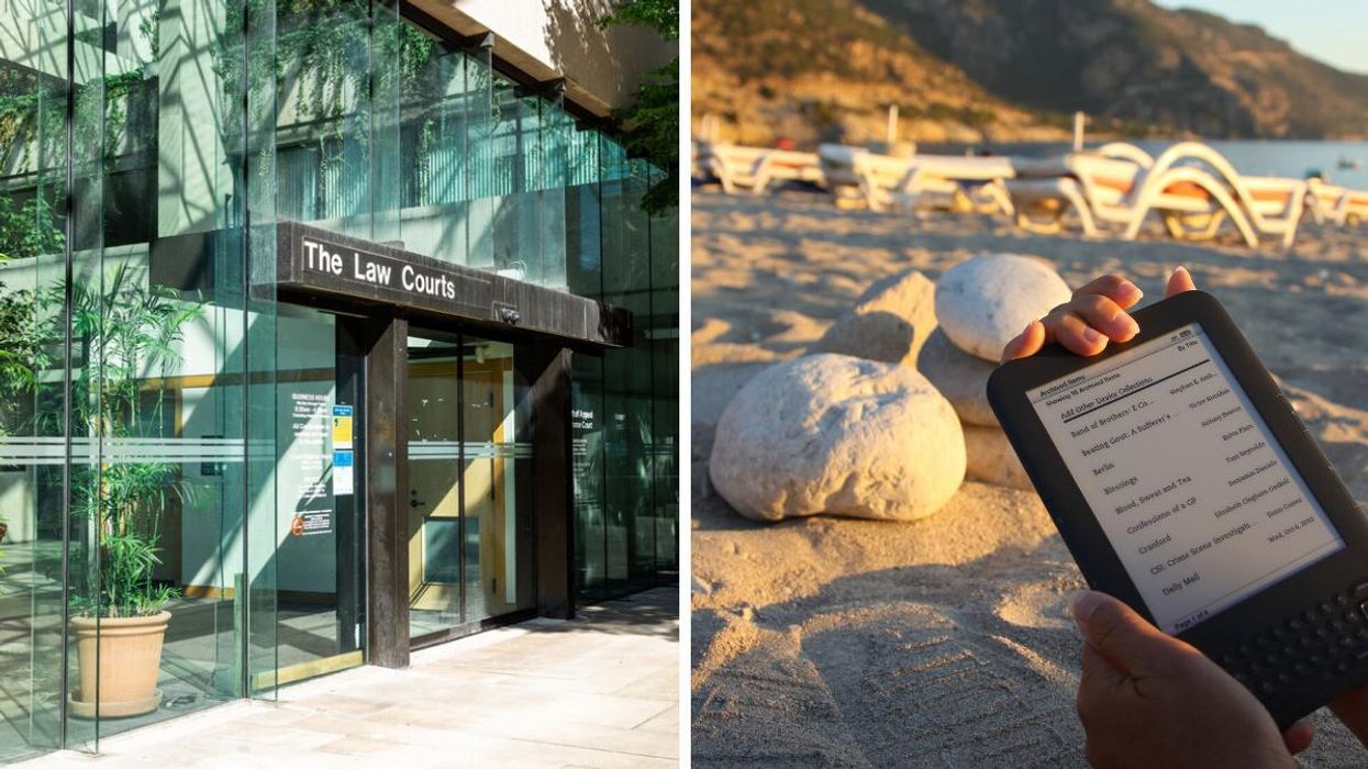 A courthouse in Vancouver. Right: An ereader on the beach.