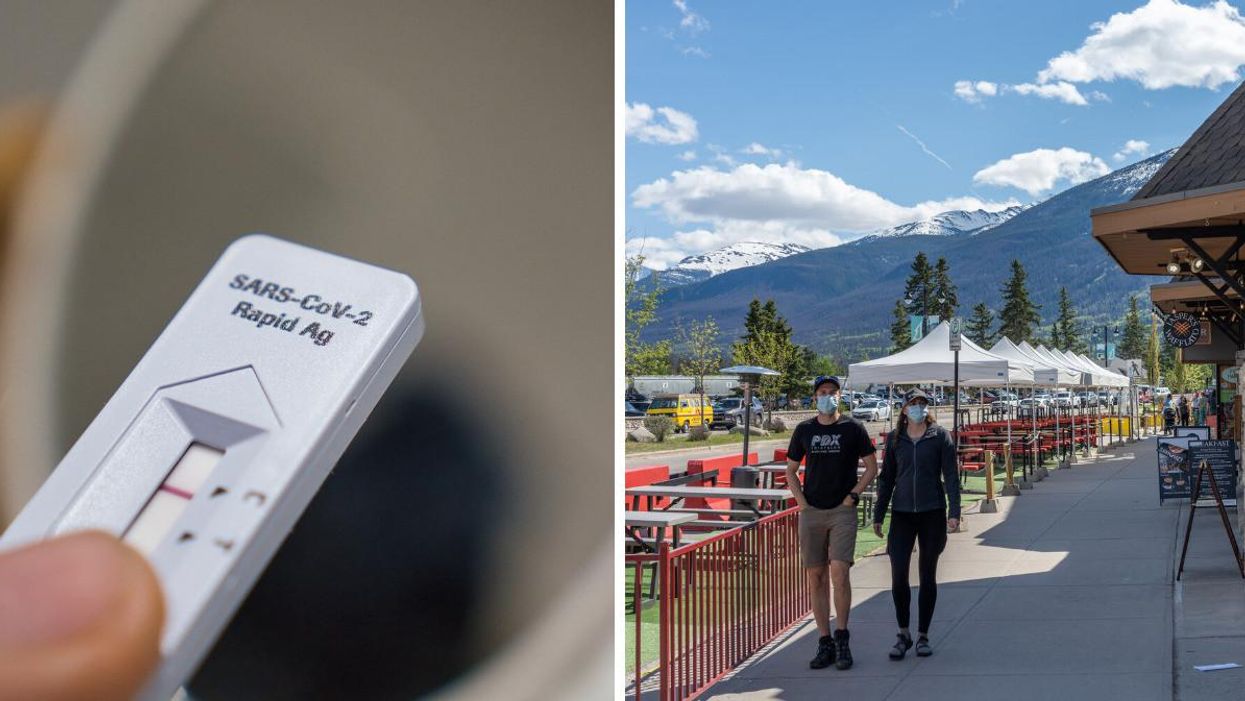A COVID-19 rapid test. Right: People walking in Jasper wearing masks.