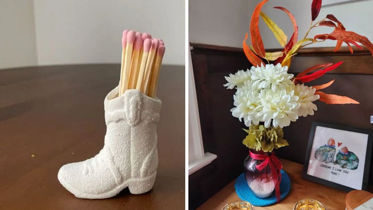 A cowboy boot matchbox. Right: Faux flowers from Dollarama.